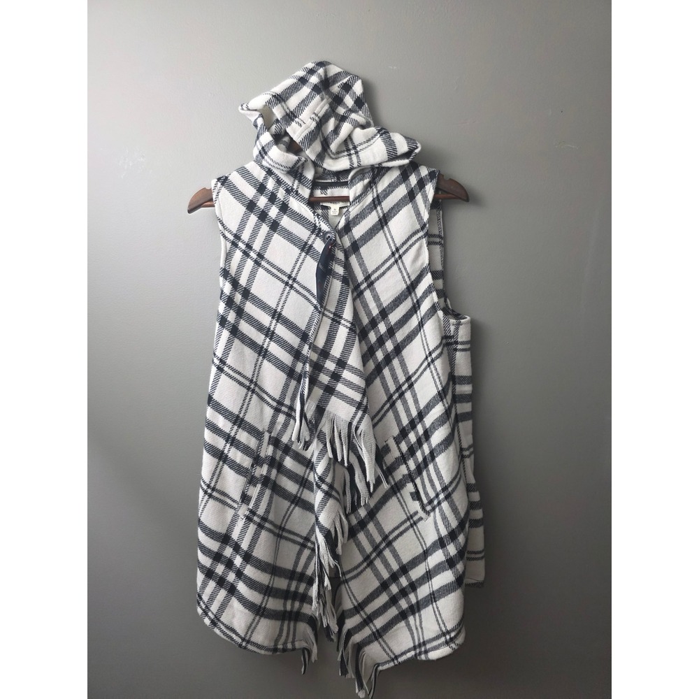Rewind Hooded Plaid Fringe Vest Black White Sleeveless Wrap M RHJ00496X5E